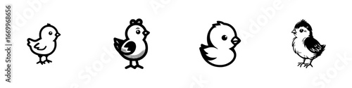 Cute cartoon chicks in various poses, simple black and white line art, minimalist monochrome icons