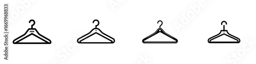 Four clothing hangers with hooks and shoulder notches, minimalist monochrome icons