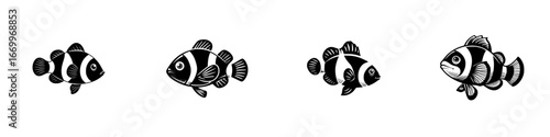 Four stylized clownfish silhouettes swimming in a line, black and white, minimalist monochrome icons