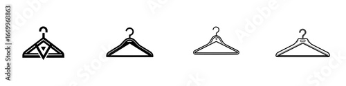Assorted clothing hangers with varied shoulder shapes and hanging hooks, minimalist monochrome icons