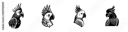 Stylized cockatoo heads in profile, black and white linework and dot shading, minimalist monochrome icons