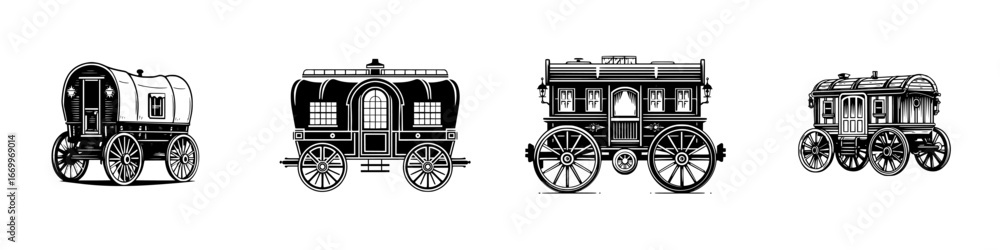 Fototapeta premium Vintage Horse-Drawn Caravans and Wagons, minimalist monochrome icons