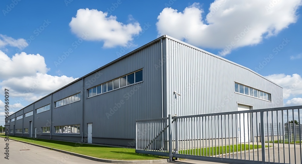 Fototapeta premium A large, modern industrial building with a metal exterior stands under a partly cloudy sky.