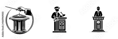 Public Speaking Podium and Speaker Icons, minimalist monochrome icons