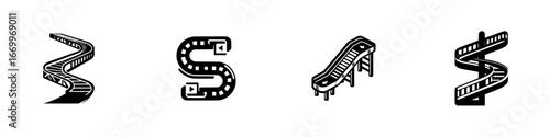 Roller coaster tracks and escalators in isometric perspective, minimalist monochrome icons