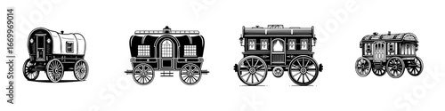 Vintage Horse-Drawn Caravans and Wagons, minimalist monochrome icons
