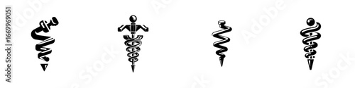 Medical Symbols Collection: Caduceus and Rod of Asclepius, minimalist monochrome icons