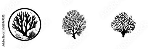 Branching coral reef organism with aquatic plants and bubbles, minimalist monochrome icons