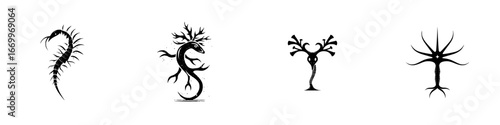 Abstract creature silhouettes with stylized limbs and segmented bodies, minimalist monochrome icons