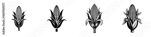Stylized black and white graphic icons of corn cobs with husks and leaves, minimalist monochrome icons