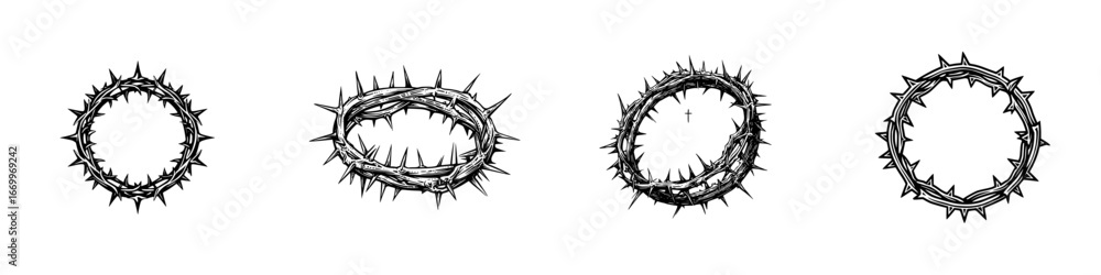 Naklejka premium Crown of Thorns with Spikes and Cross, minimalist monochrome icons
