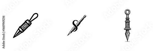 Ornate daggers with decorative handles and sharp blades, minimalist monochrome icons