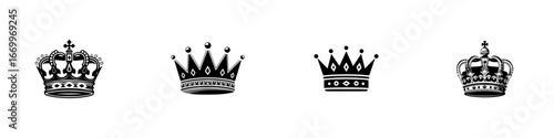 Four ornate royal crowns symbolizing monarchy and power, minimalist monochrome icons