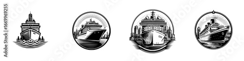 Elegant cruise ship sailing past city skyline graphic style, minimalist monochrome icons