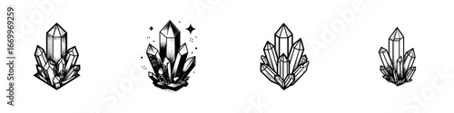Faceted quartz crystal cluster with stippled shading and outline, minimalist monochrome icons