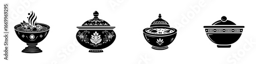 Ornate decorative bowls with food elements, traditional serving dishes, minimalist monochrome icons