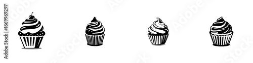Cupcakes with Swirled Frosting and Cherry Topping, minimalist monochrome icons