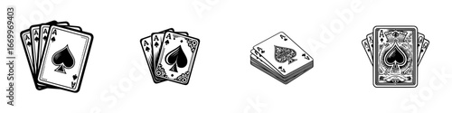 Four Aces of Spades and Playing Cards, minimalist monochrome icons