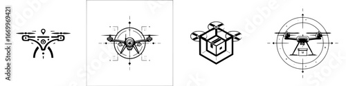 Drone technology and aerial surveillance icons, minimalist monochrome icons