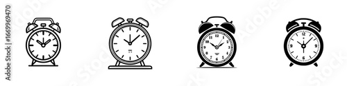 Vintage alarm clocks with bells and legs, black and white line art, minimalist monochrome icons