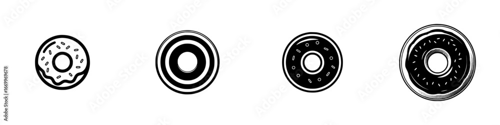 Stylized donuts with sprinkles and concentric circles, minimalist monochrome icons Stylized donuts with sprinkles and concentric circles, minimalist monochrome icons