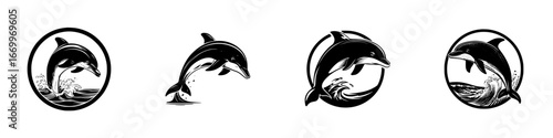 Dolphins leaping over ocean waves in circular emblems, minimalist monochrome icons