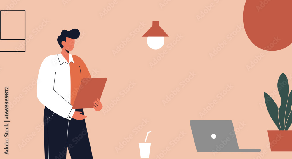 Obraz premium Modern illustration of a professional holding a tablet or document in a stylish workspace, perfect for concepts of productivity, remote work, and modern business.
