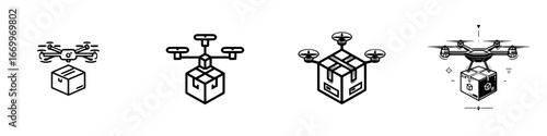 Drone aerial delivery of package, logistics and transport concept, minimalist monochrome icons