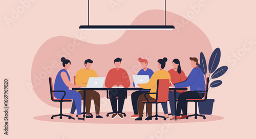 Group of diverse colleagues engaged in a productive business meeting around a table with laptops, symbolizing teamwork and corporate collaboration.