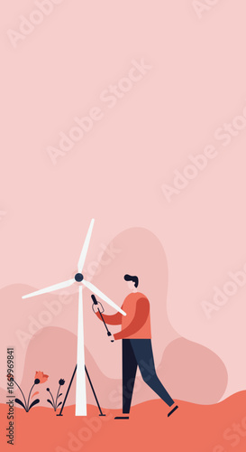 A man works on a wind turbine, symbolizing renewable energy, sustainability, and eco-friendly technology. Ideal for environmental, business, and industry concepts.