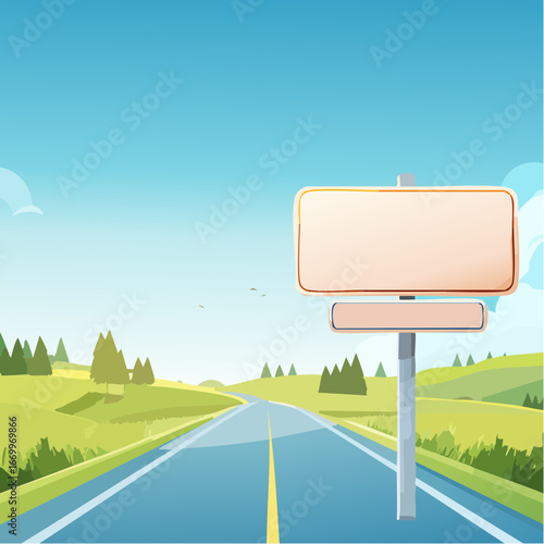 blank road sign with a blurred blue background