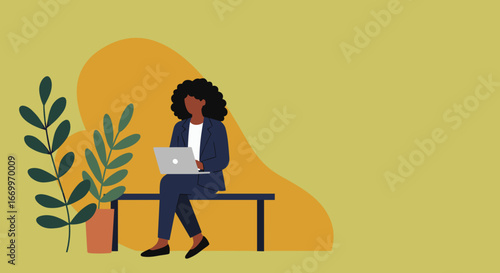 Professional Black woman in a suit works on a laptop while sitting on a bench, representing remote work, business productivity, and modern lifestyle concepts.