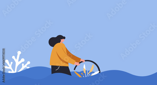 Person navigating a challenging journey through wavy waters, holding a steering wheel. Concept of control, leadership, and resilience in business or life.