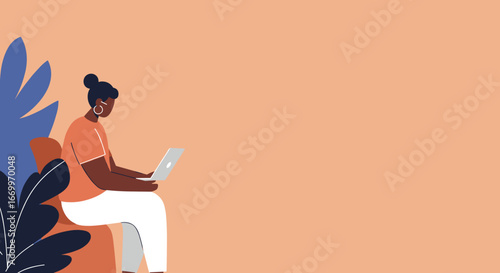 An illustration of a focused woman working remotely on her laptop, surrounded by plants. Ideal for concepts of productivity, freelance, and modern lifestyle.