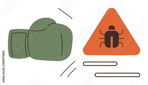 Boxing glove hitting a triangular warning sign with bug icon, symbolizing action against threats. Ideal for problem-solving, antivirus protection, debugging, security, risk mitigation, efficiency