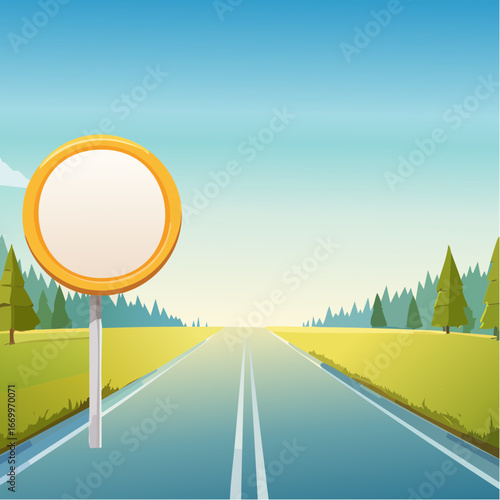 blank road sign with a blurred blue background
