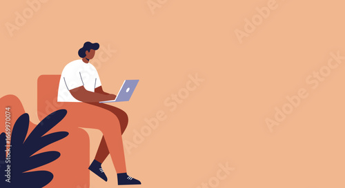 Focused man working comfortably on his laptop, embodying remote work, digital nomad, online education, or modern casual lifestyle concepts.
