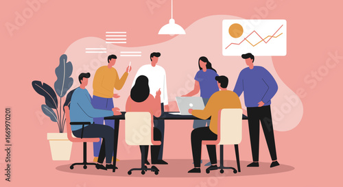 Diverse team collaborating in a modern office meeting, discussing business strategy and analyzing data. Ideal for corporate, teamwork, and innovation concepts.