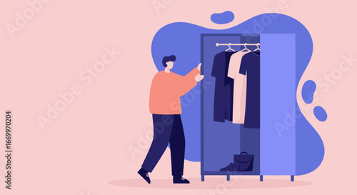 Person selecting an outfit from a well-organized wardrobe. Represents daily choices, fashion, home organization, or retail concepts for lifestyle.