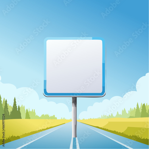 blank road sign with a blurred blue background