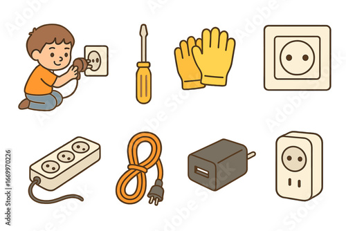 Child's Electrical Icons. Flat vector mini-illustrations plug installation in colors children's illustrations: child installing