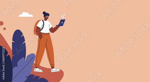 Person with backpack using a laptop outdoors, representing remote work, online learning, or a digital nomad lifestyle with modern flexibility.