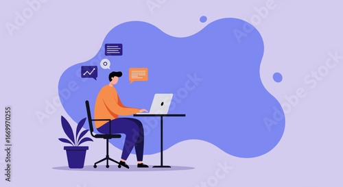 A man productively works on his laptop, managing tasks and communicating online from his home office. Ideal for concepts like remote work, freelancing, and digital business.