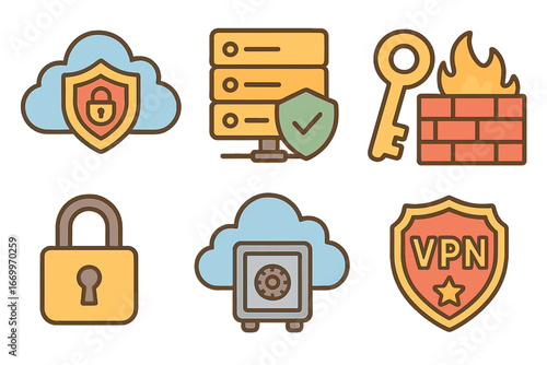 Childlike Cloud Security Icons. Flat vector mini-illustrations backup cloud security in colors children's illustrations: shield