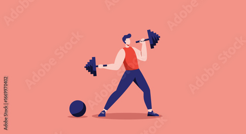 Man actively working out with dumbbells, demonstrating strength and commitment to health and fitness. Ideal for promoting wellness and an active lifestyle.