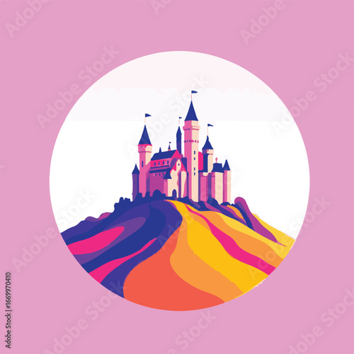 Castle illustration under colorful rainfall sky
