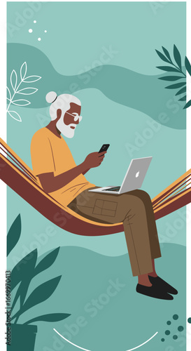 An older man relaxes in a hammock, using his laptop and smartphone, illustrating remote work, digital nomad lifestyle, or relaxed leisure with technology.