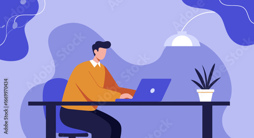 Man working diligently on his laptop at a modern desk with a plant, representing remote work, online education, and digital lifestyle in a calm, productive environment.