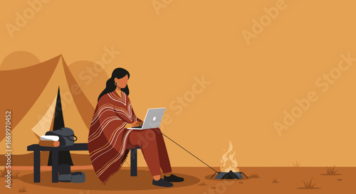 Woman comfortably working on a laptop by a campfire outside a tent, embodying remote work, digital nomad lifestyle, and nature connection during travel.