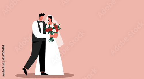 Happy bride and groom in elegant attire, celebrating their wedding day with a beautiful floral bouquet. Symbolizes love, commitment, and new beginnings.